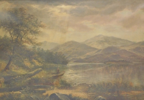 19thC English School. Figure in a moored boat before lake and hills, clouds gathering, oil on canvas, unsigned, 72cm x 121cm.