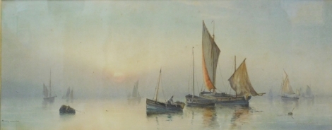 After Morris. Misley sunrise, print, 19cm x 49cm and a further print, boat on calm waters. (2)