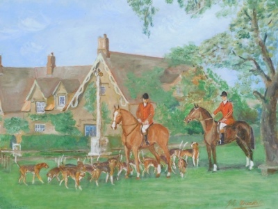 J. E. Duckett (20thC). Belvoir Hunt at Knipton, Leicestershire, acrylic on paper, signed, titled verso with price ticket £15, 33cm x 47cm.
