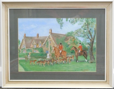 J. E. Duckett (20thC). Belvoir Hunt at Knipton, Leicestershire, acrylic on paper, signed, titled verso with price ticket £15, 33cm x 47cm. - 2