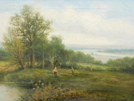 Charles Passey (1847-1898). Millpond before figures and trees, oil on canvas, signed, 41cm x 61cm.