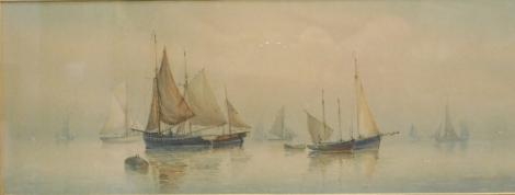 Morris (20thC). Buoy and boats on calm waters, watercolour, signed, 18cm x 52cm and another similar by the same hand - pair. (2)