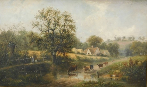 William George Meadows (c.1825-1907). Figures on a path aside tree, with cattle in the foreground, cottage and windmill in the distance, oil on canvas, signed, 73cm x 128cm.