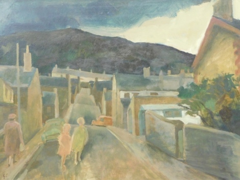 George Chapman (1908-1993). Welsh street scene, oil on board, written in pencil verso friends, Goldmark Gallery sales invoice for £1800 and other related ephemera, 48cm x 82cm.