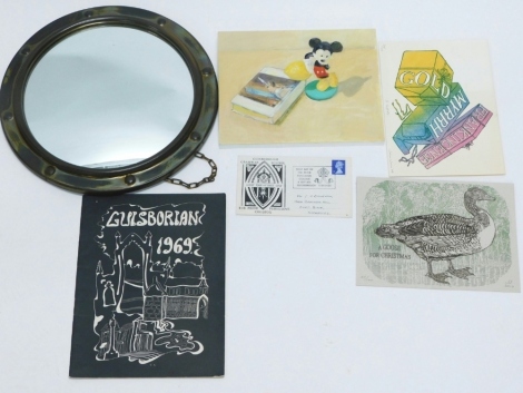 After Disney. Mickey Mouse, still life, acrylic on board, titled Stewart verso, 18cm x 23cm, John Vous, Three Gifts, artist signed limited edition print, further block print, Louis Borian 1969 artwork, circular mirror, etc. (a quantity)