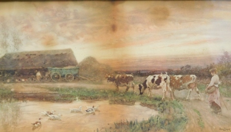 After Lloyd. Figure feeding geese, print, 23cm x 46cm, various others, figures and cattle on a path, child in boat, etc. (4)