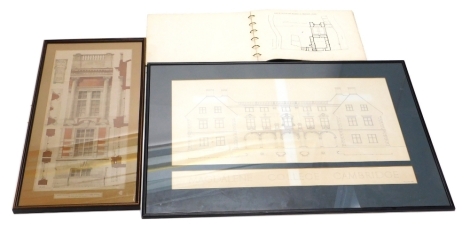 An architectural drawing of Magdalene College Cambridge, by Rex Critchlow, various photographs of the college, and a printed detail elevation of part of the Victoria and Albert Museum by Aston Webb (1849-1930) architect. (3)