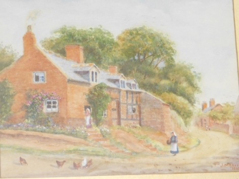 J. Martin. Village scene with figures, cottages, and chickens, watercolour, signed and dated 1925, 18cm x 24cm.