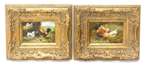 John Garton. Chickens and cockerels, oil on board, initialled and signed in full verso, a pair, 10cm x 15cm.