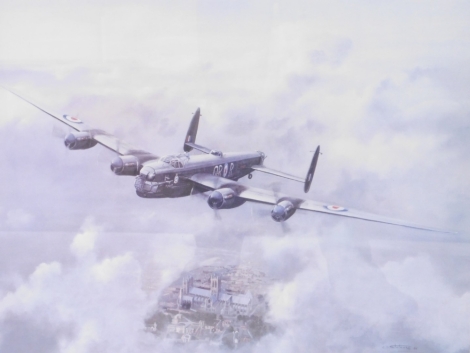 After Chris J Stothard. Waddington's Lincoln, artist signed and dedicated coloured print, 53cm x 64cm, a printed board dedicated to 617 Squadron, The Dam Busters. (2)