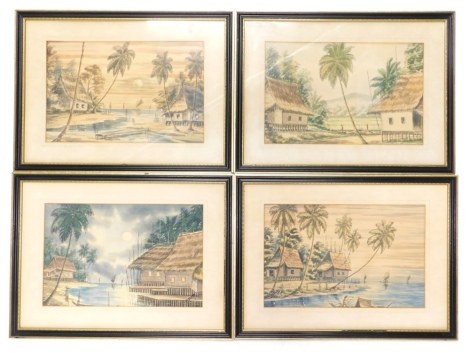 John B. Lemae. Tropical islands, watercolours, signed and dated 1966, set of four, 22cm x 34cm.