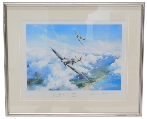 After Robert Taylor. Spitfire, colour print, signed by Douglas Bader and Johnny Johnson.