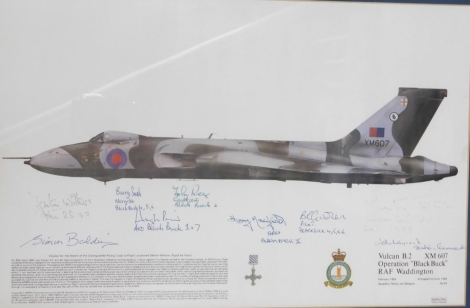 Geoff Craine. Johnny, artist signed limited edition print, number 198/850, and other aviation related prints to include Mosquito, signed by Leonard Cheshire, Vulcan, signed by various members of Operation Black Buck, other photographs, an oil painting by 