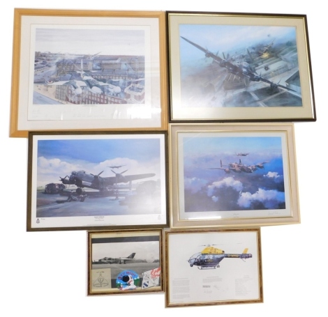 After Robert Taylor. Lancaster, signed by Leonard Cheshire, and other artist signed prints to include NAAFI Break, by Gordon Beecham, Alpha Oscar One signed by the crew, Operation Carthage, etc. (6)