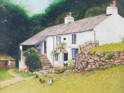 June Baker. Cottage with chickens, oil on board.