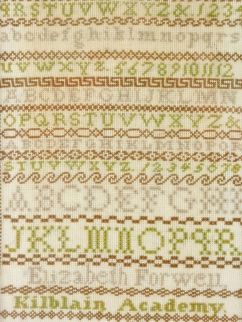 A Victorian alphabetic and numeric sampler by Elizabeth Forwell Kilblain, Academy Greenock 1889, 40cm x 26cm.