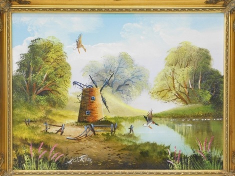 A. W. Ross. Windmill, ducks, etc., Norfolk, oil on board, 46cm x 60cm, floral prints, Elizabeth II jigsaw, print of Lincoln, Lowry print, and a print after Steve Gale.