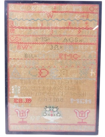 A 19thC embroidered sampler, embroidered with deer, parrots, flowers, etc., 41cm x 31cm.