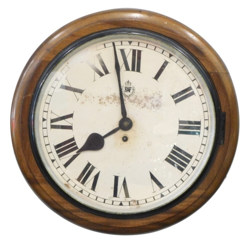 A 20thC mahogany cased RAF wall clock, with 34cm diameter Roman numeric dial, marked RAF with fusee movement in plain case, with pendulum and key, S.K. & C. 1939 - A M to the back of the case, movement marked M & Co. 1941, 44cm diameter.