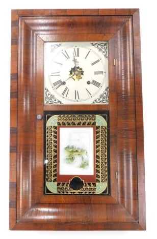 A late 19thC American walnut wall clock, in ogee shaped case, paper label for Bradbury clock company, in rosewood case, with a thirty hour movement, printed and painted dial and verre eglomise panel of a rural landscape with bridges, etc., 66cm high, 39cm