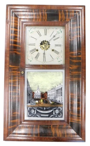 A late 19th/early 20thC American wall clock, in mahogany and simulated rosewood ogee shaped case, with paper label for E N Welch of Forestville Connecticut, painted dial decorated with flowers above a verre eglomise panel of State Street Boston, 67cm high