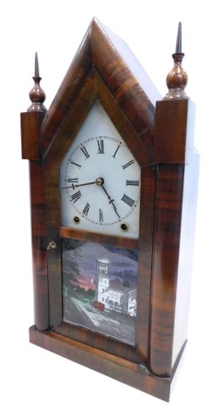 An American architectural mantel clock, in a walnut case, with painted label for Jerome & Co New Haven Connecticut, later printed dial, the door inset with a verre eglomise panel of a building and a stage coach, 50cm high.