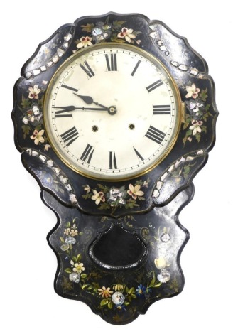 A late 19thC American drop dial wall clock, the painted dial with Roman numerals, the papier mache case inlaid with mother of pearl and painted with flowers and leaves, 74cm high, 48cm wide.