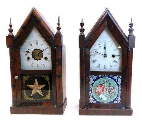 A late 19thC American mantel clock by Jerome and Co, in a mahogany case, the arched door with verre eglomise flowers, 37cm, and a similar clock by Jerome with painted dial and alarm, 39cm.