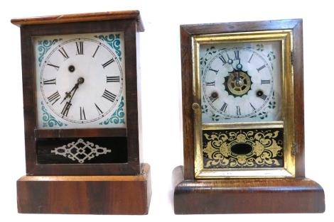 A late 19thC American mantel clock by M.L. Gilbert of Winchester, Connecticut, in a rosewood case, the dial painted with flowers and with additional alarm to the movement, enclosed within a part verre eglomise door, 28cm high, and another similar timepiec