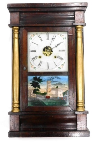 A late 19thC American wall clock, by The Waterbury Clock Company of based in Waterbury Connecticut, in mahogany and parcel gilt case, the painted dial with fruit and leaf spandrels, above a verre eglomise panel of a building, carriage, etc., 63cm high.