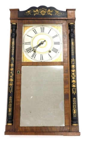 A late 19thC American wall clock by Lelisha Hotchkiss, mahogany and ebonised case, the painted dial with Roman numerals, the case decorated in gilt with stencilled scrolls, flowers, etc., 80cm high.