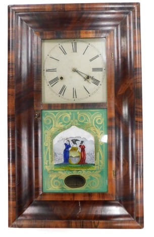 A late 19thC American wall clock by The Brewster Clock Company, in a figured walnut ogee case, with white painted dial enclosed by a glazed door, with verre eglomise panel titled Excelsior, 66cm high.