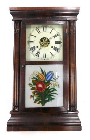 A late 19thC American wall clock by Seth Thomas, in a figured walnut case with white painted dial, enclosed by a verre eglomise panel of tulips and snowdrops, etc., 64cm high.