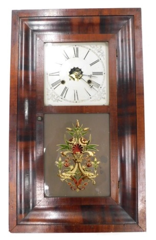 A late 19thC American wall clock by E N Welch of Forestville, in an ogee shaped figured walnut case, the white painted dial enclosed by a part verre eglomise door decorated with flowers, leaves and a central shell, etc., 66cm high.