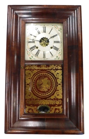 A 19thC American wall clock by William L Gilbert and Co., of Winstead, Connecticut, in an ogee shaped rosewood case, the painted dial enclosed by a part verre eglomise glazed door, decorated with the eagle, American flag, etc., in gilt and red, 66cm high.