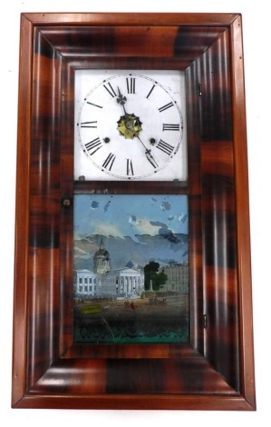 A late 19thC American wall clock by E.N. Welch, in an ogee shaped figured walnut case, with later associated dial enclosed by a part verre eglomise door showing the court house in St Louis, 66cm