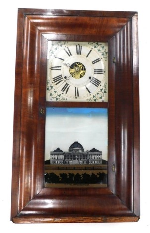 An 19thC walnut cased wall clock, with 19cm diameter, Roman numeric dial, with partial visible movement, decorated with a verre eglomise Capital At Washington front, 71cm high,