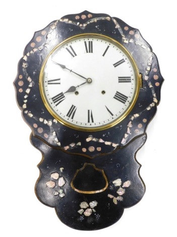 A late 19thC American drop dial wall clock, in a painted and mother of pearl inlaid papier mache case, the associated dial painted with Roman numerals, 73cm high.