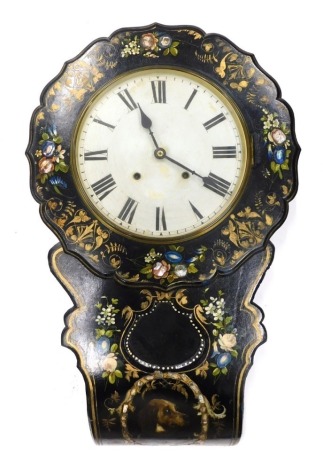 A late 19thC American drop dial wall clock, in an ebonised and gilt papier mache case, painted with flowers and centrally with a dog after Landseer, 79cm high.