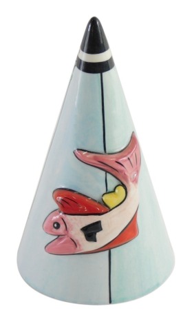 A Lorna Bailey pottery sugar sifter, with raised fish decoration, polychrome decorated, signed beneath, 16cm high.