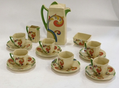 A Royal Doulton Syren pattern part coffee service, comprising coffee pot, 23cm high, milk jug, sugar bowl, six cups and six saucers, printed marks beneath.