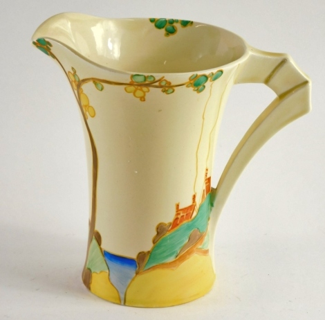 A mid 20thC Clarice Cliff Bizarre Orange Secrets pattern pottery jug, decorated with house in landscape, predominately in yellow, green and orange, printed marks beneath, 18cm high,