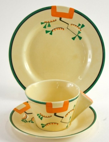 A Clarice Cliff Ravel pattern pottery trio, comprising cup with angular handle, saucer and plate, marked beneath, 17cm diameter.