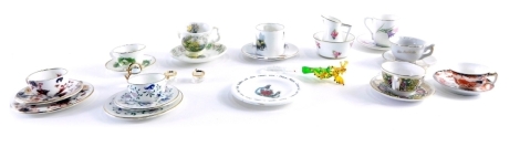 Various miniature cups and saucers, to include Shelley, Royal Crown Derby and other cabinet cups, Swarovski style crystal figure, 3cm high, etc. (a quantity)