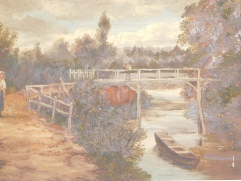 J. J. Hughes (20thC). Bridge leading to the bowling green, Bridgenorth, oil on canvas, signed and titled verso, 55cm x 77cm.