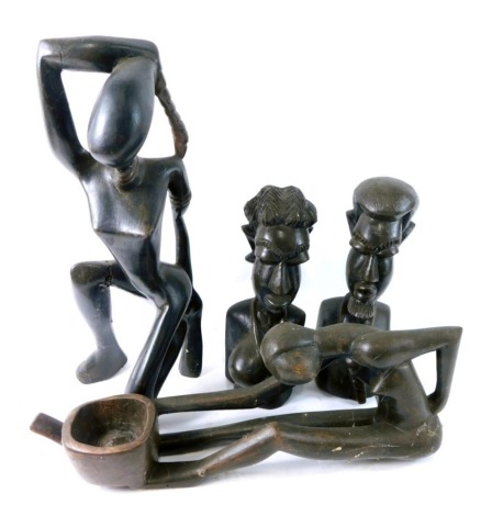 Various African carved tribal figures, carved wooden figure of a lady semi clad, 30cm high, women in crouched position. (a quantity)