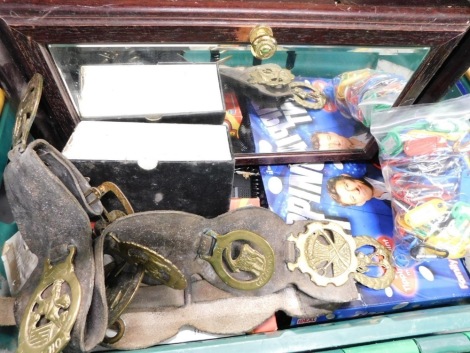 A cabinet, horse brasses 8cm high etc., monitor screen, key fobs and other miscellaneous items. (a quantity)