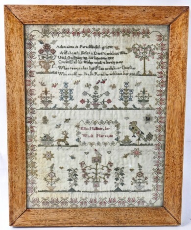 A George III pictorial and motto sampler, by Ellen Mullianer, March 23rd 180(*), decorated with birds, deer, vases of flowers etc., with a floral border 39cm x 29cm.