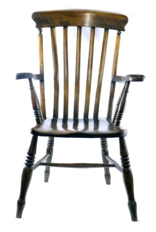 A 19thC beech, ash and elm lath back grandfather chair, with solid seat on a H stretcher.