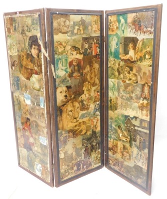 A late Victorian pine three fold scrap screen, decorated with children, fruit, chicken, birds, dogs, etc., each part 167cm x 62cm.